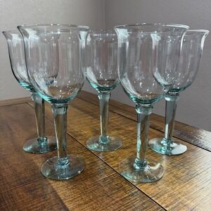 Set Of 5 Mexican Blown Glass Green Water Wine Goblets 9.5" x 4.25" diameter